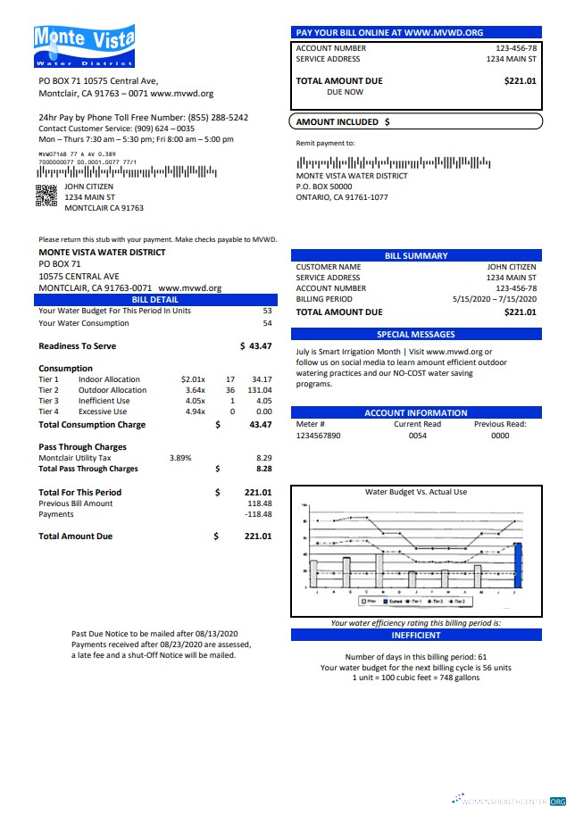download USA California Monte Vista Water District utility bill template in Word and PDF format PDF template